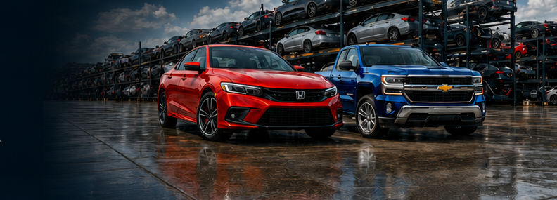 Red Honda sedan and blue Chevrolet pickup at an organized automotive recycling yard at dusk